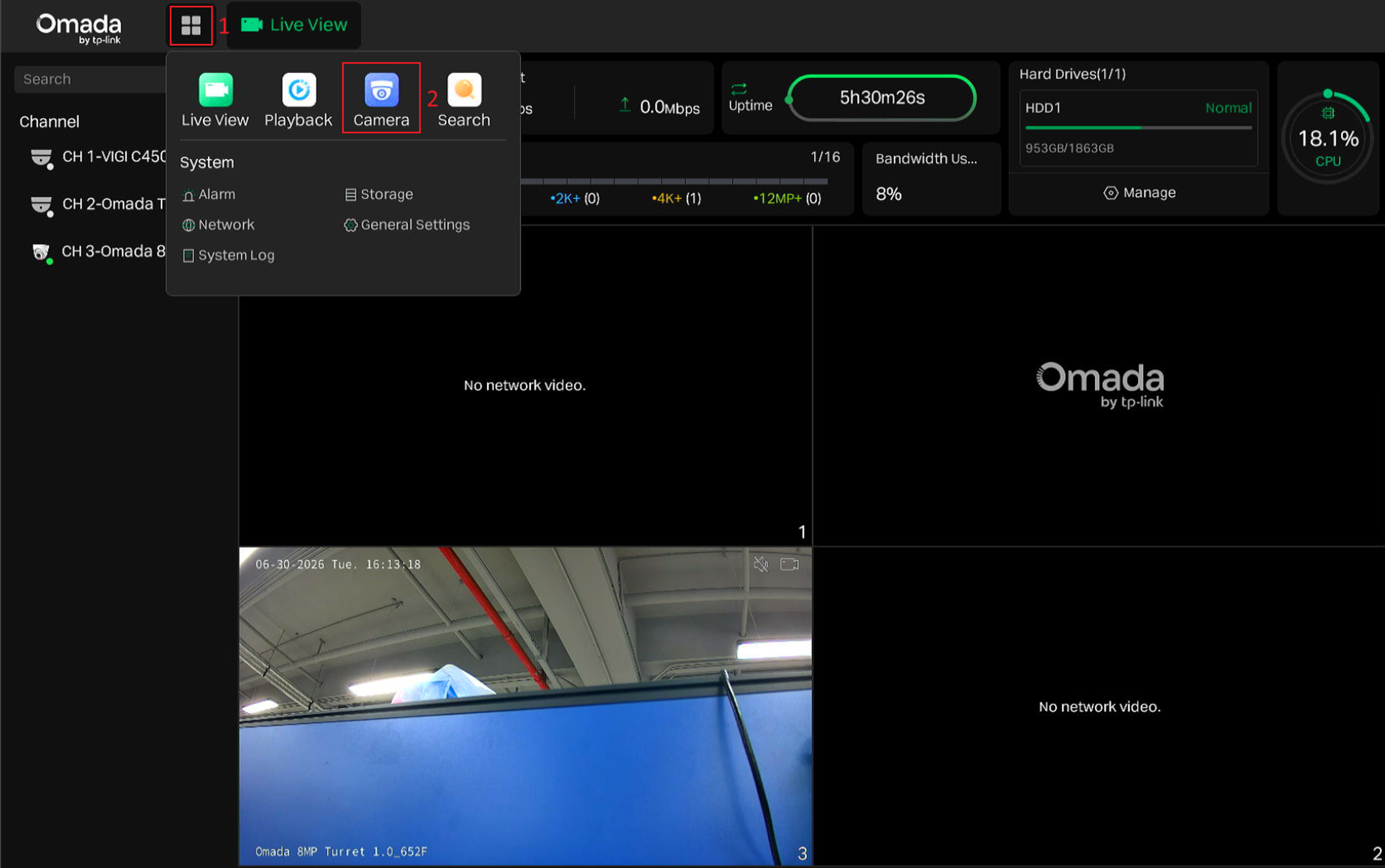 Omada NVR GUI showing the navigation path to the Camera page from the Live View screen
