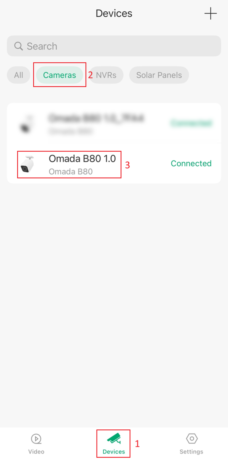 Omada Guard App Devices page showing the connected Omada Camera in the NVRs device list.