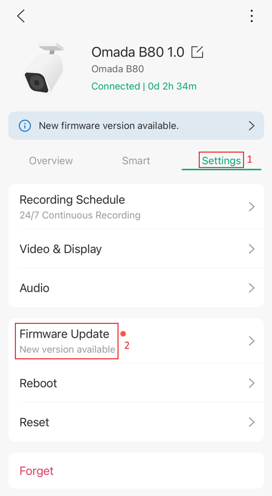Omada Camera Settings page in Omada Guard App displaying the Firmware Update option.
