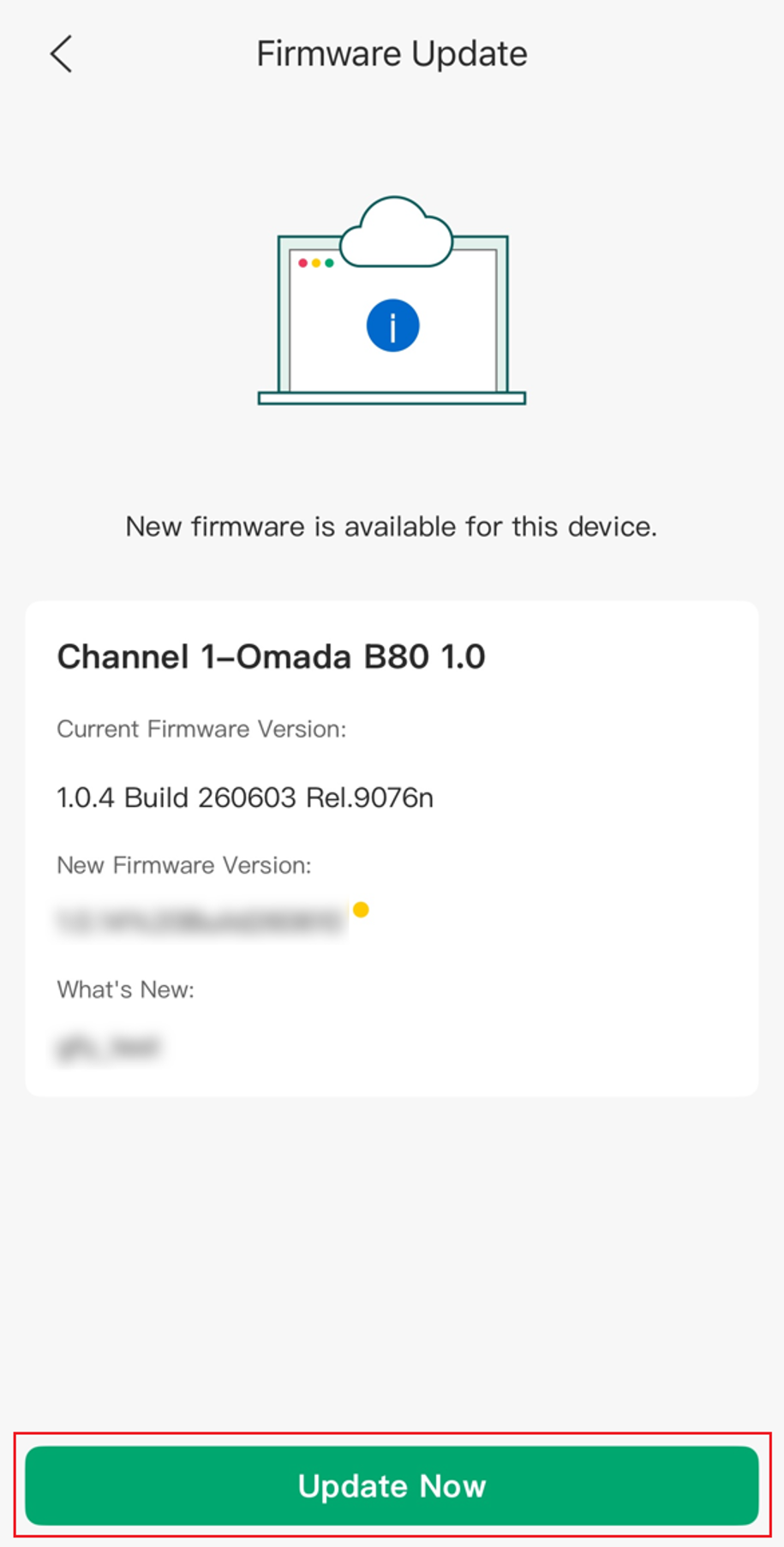 Firmware Update page showing the current firmware version and the Check for Update button.