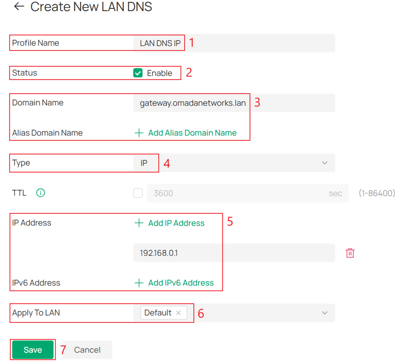 LAN DNS rule configuration page with Type set to IP.