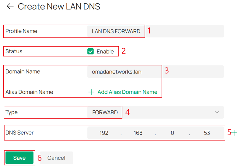 LAN DNS rule configuration page with Type set to FORWARD.