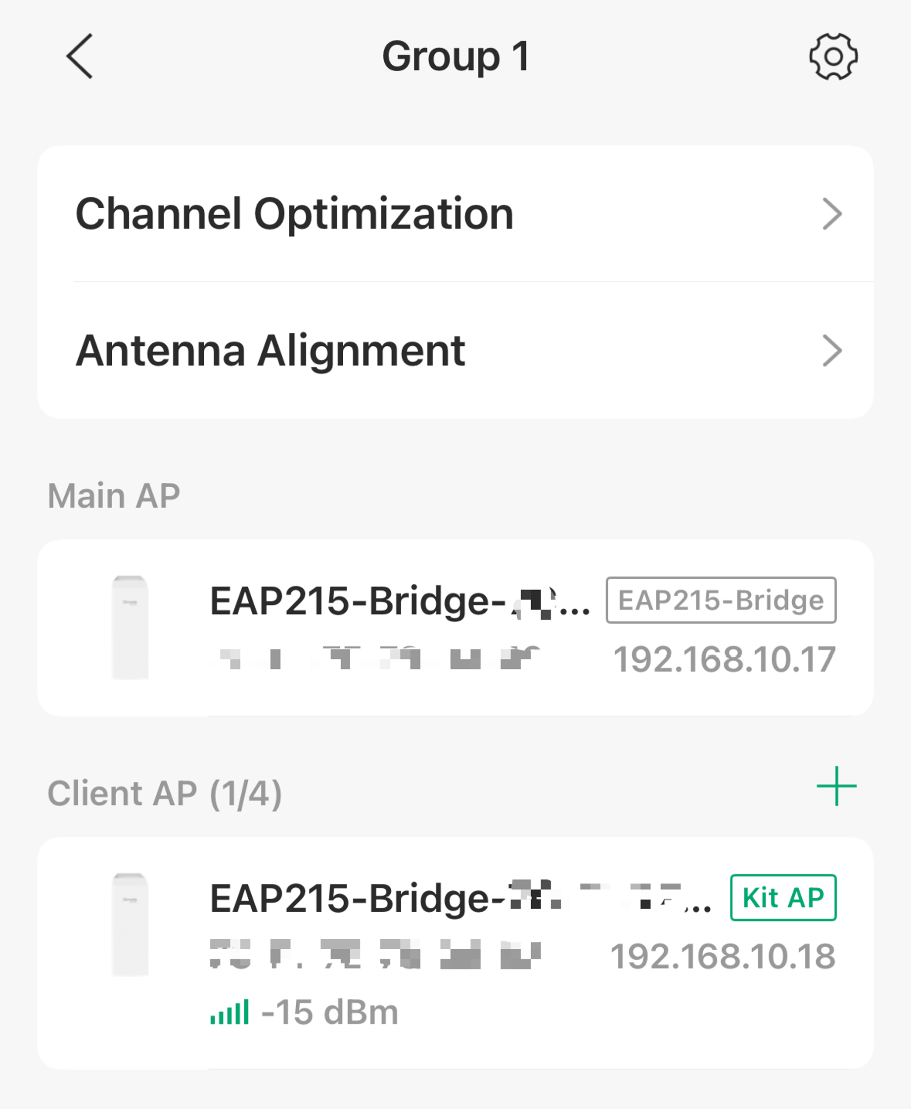 Omada App Bridge Group page showing Channel Optimization, Antenna Alignment, and the Main AP and Client AP bridge devices.