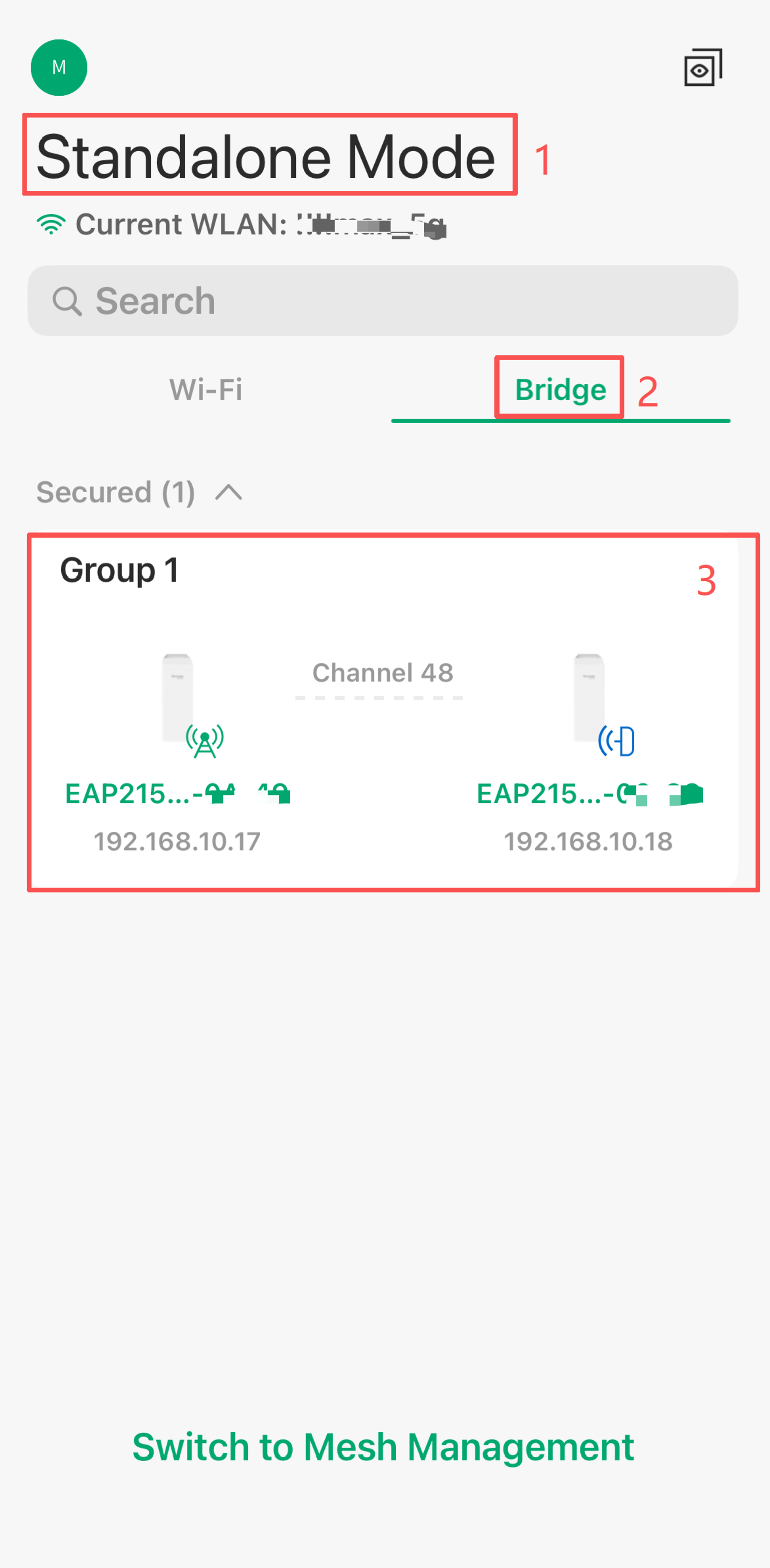 Alt-Text: Omada App Standalone Mode page showing the Bridge tab selected and a secured bridge group with two EAP215 devices.