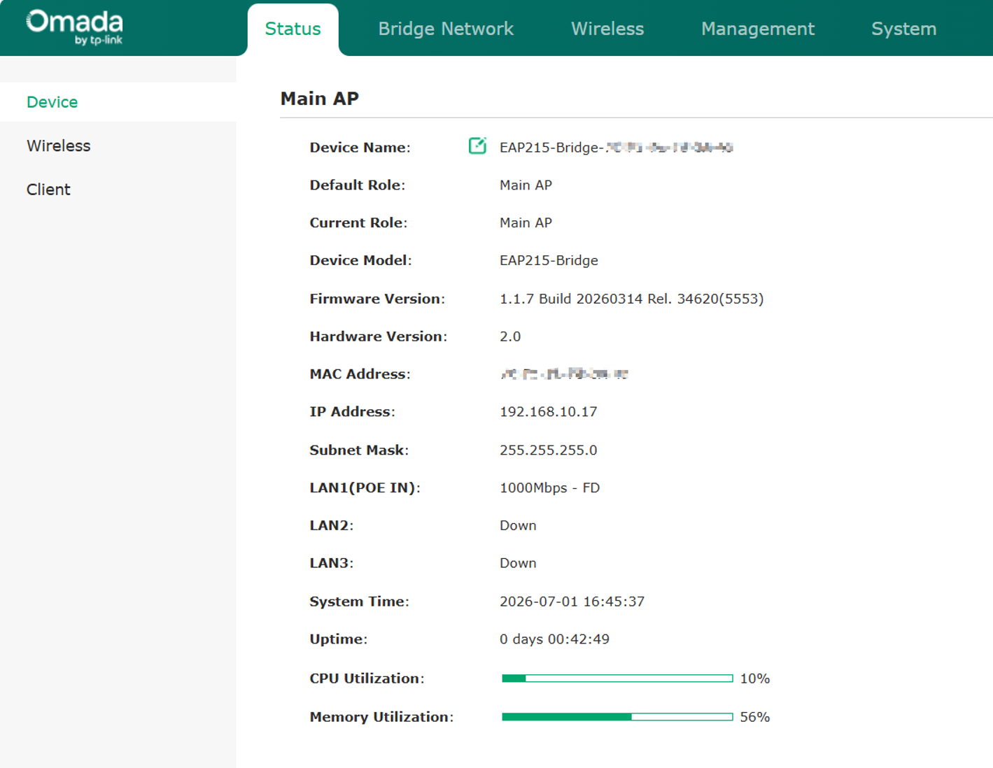 Omada web standalone interface Status page showing Main AP device information for an EAP215-Bridge, including firmware version, IP address, LAN status, and CPU and memory utilization.