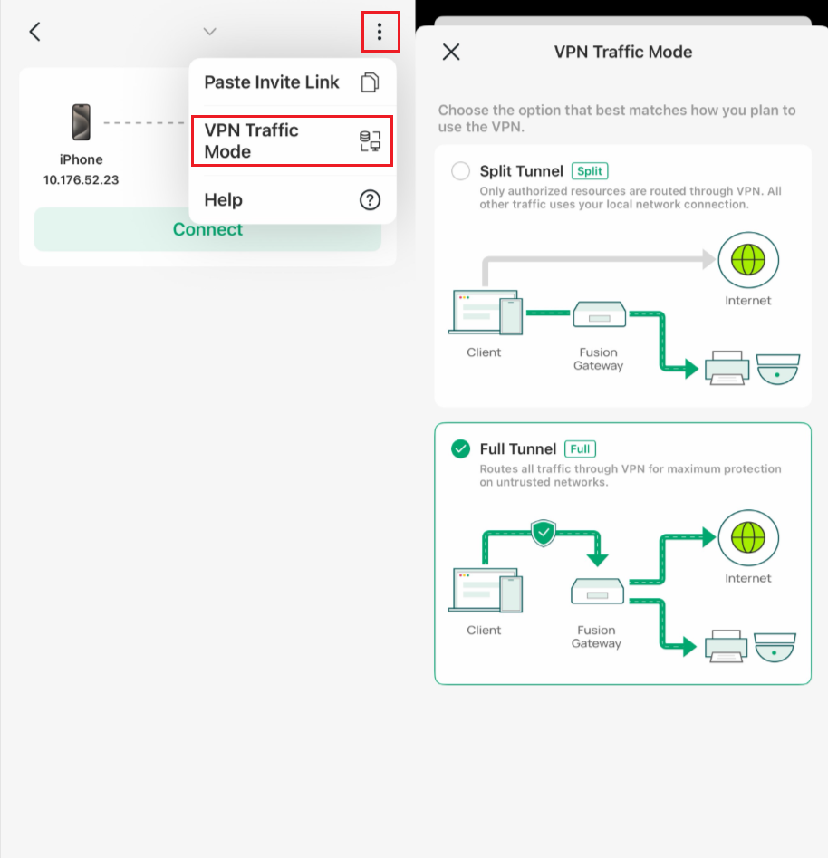 Omada app page showing path of the VPN Traffic Mode.
