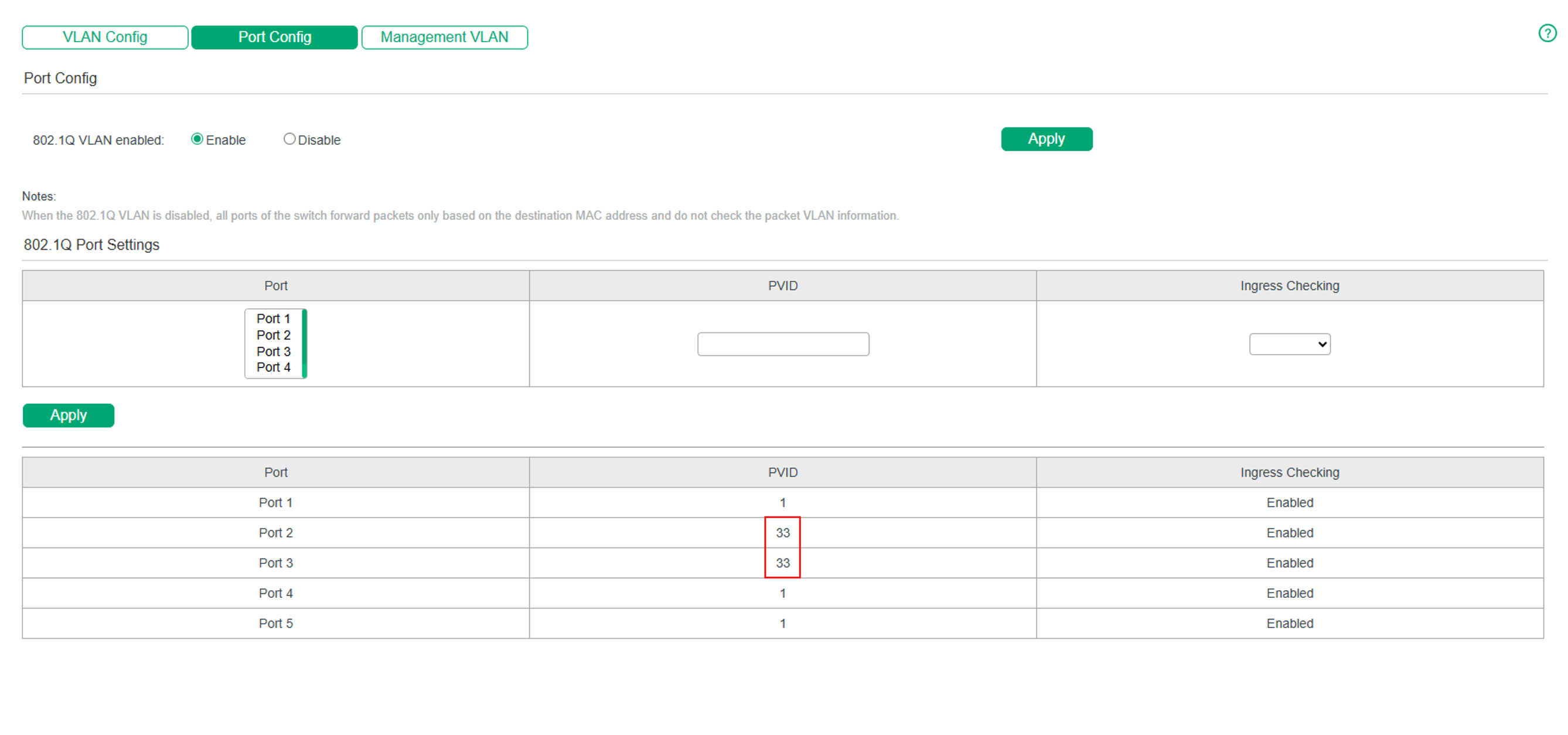 Alt text: PVID Port settings table.