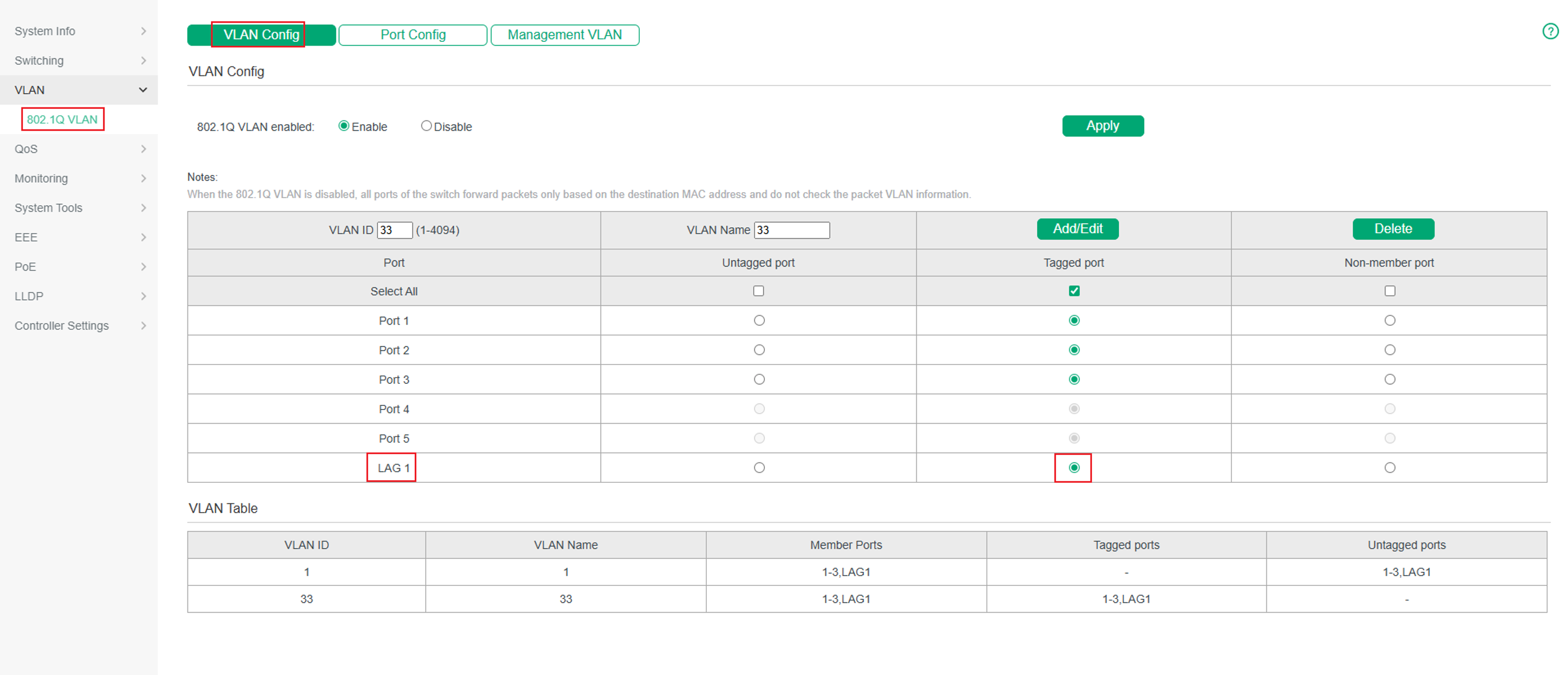 VLAN settings for LAG group5.
