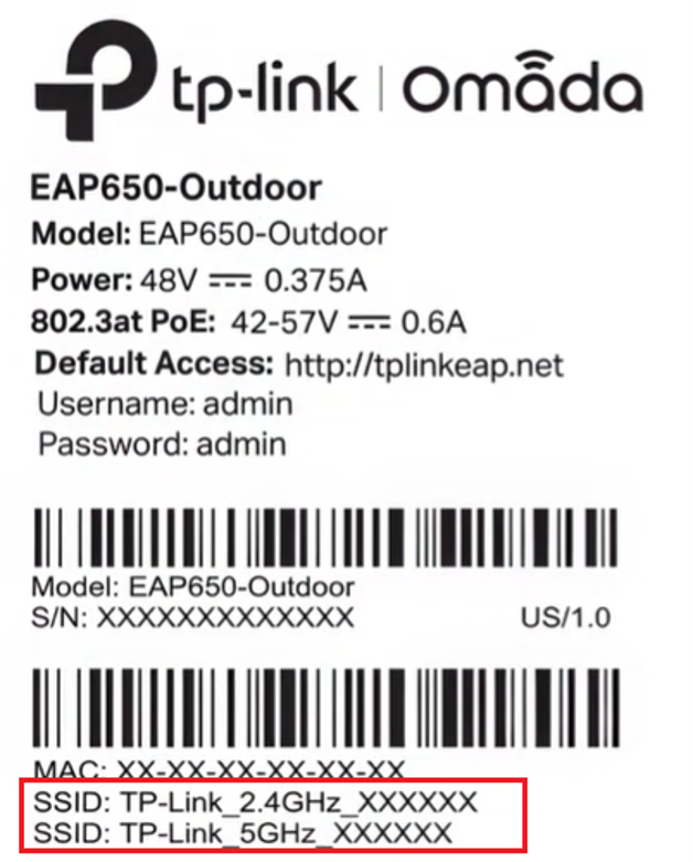 Omada EAP device label showing the default 2.4GHz and 5GHz SSIDs.