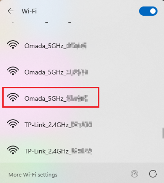 Windows 11 Wi-Fi list showing the default Omada EAP SSID.
