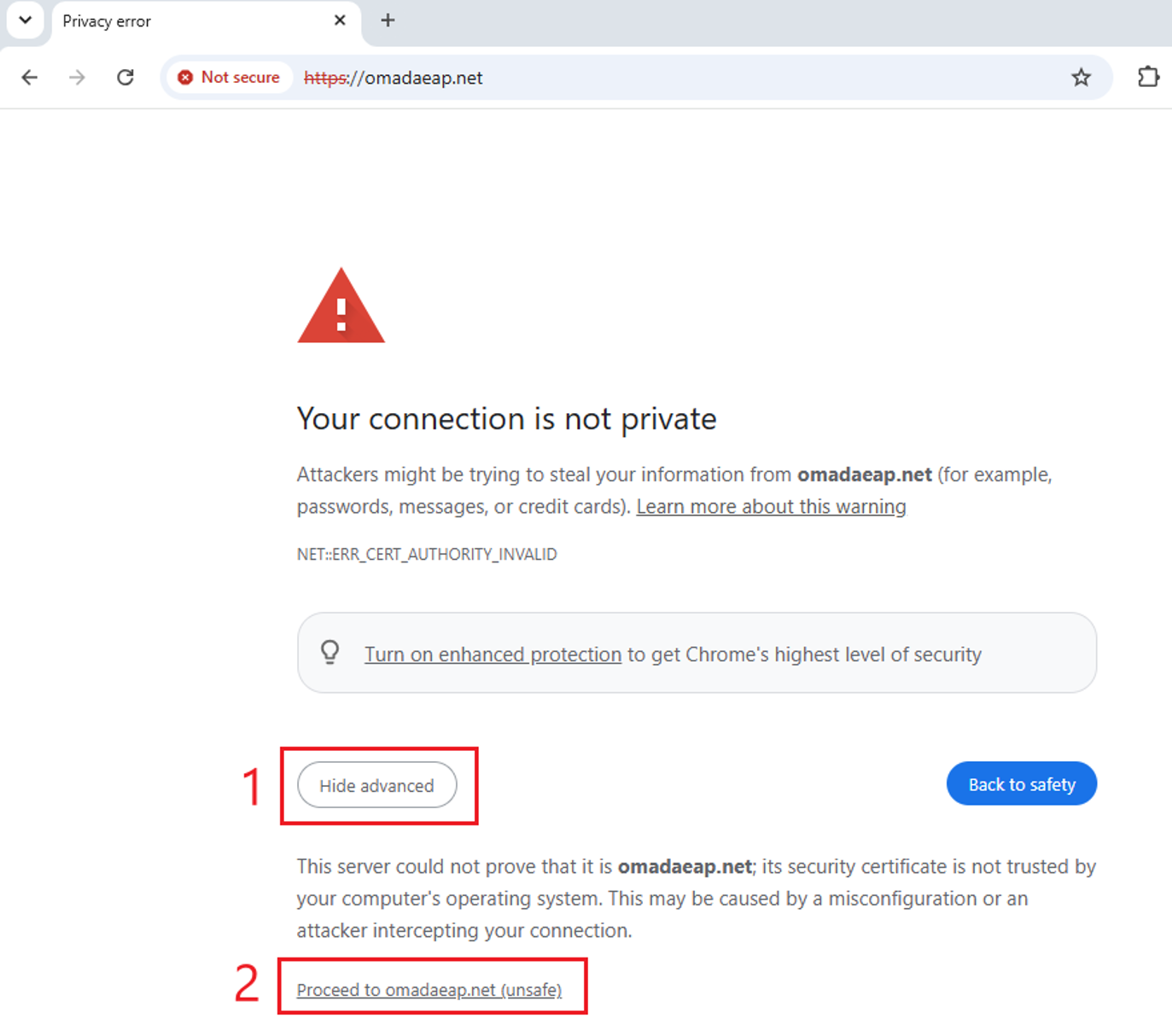 Chrome privacy warning showing Advanced and Proceed to omadaeap.net.