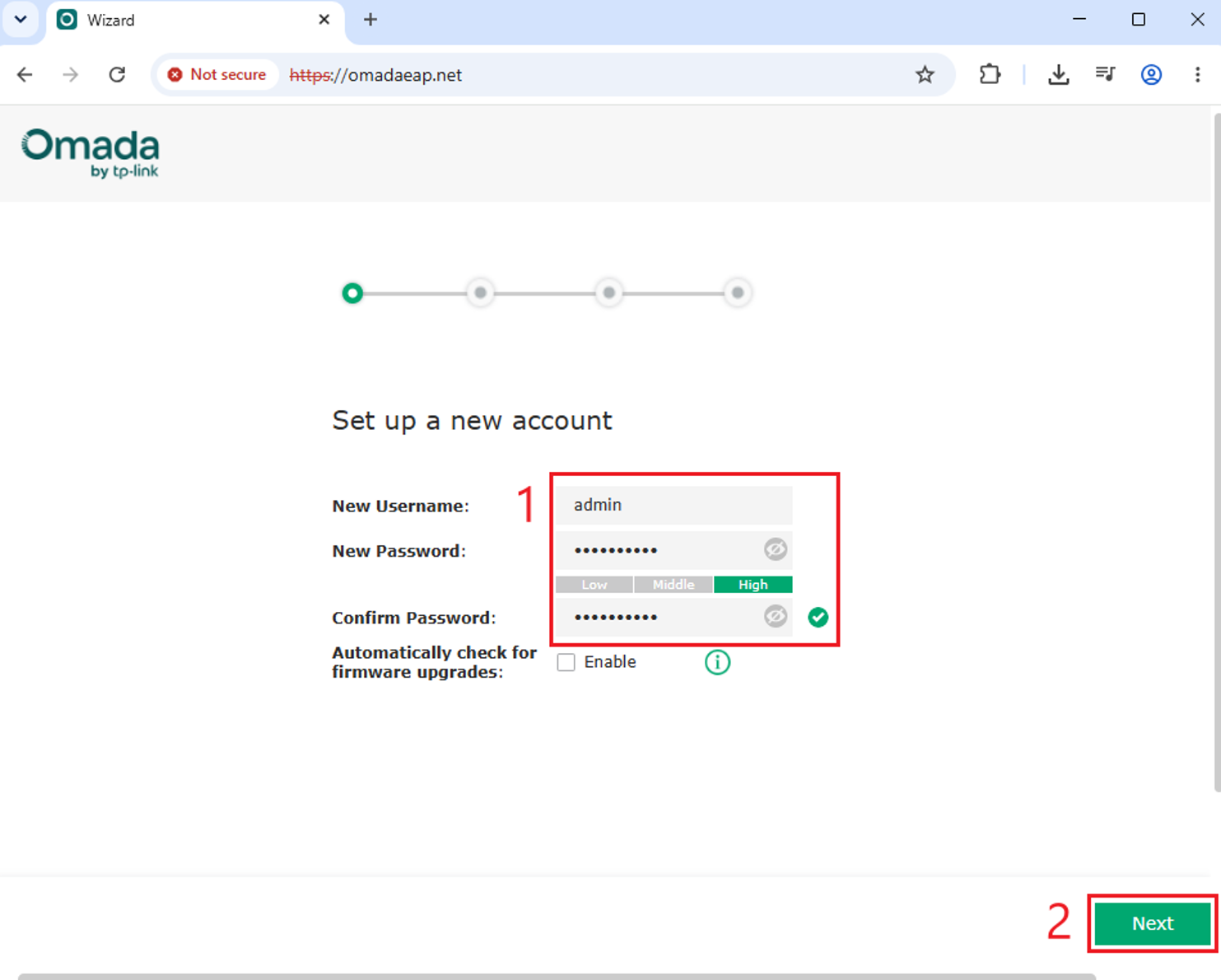 Omada EAP account setup screen with Username, Password, and Next fields.