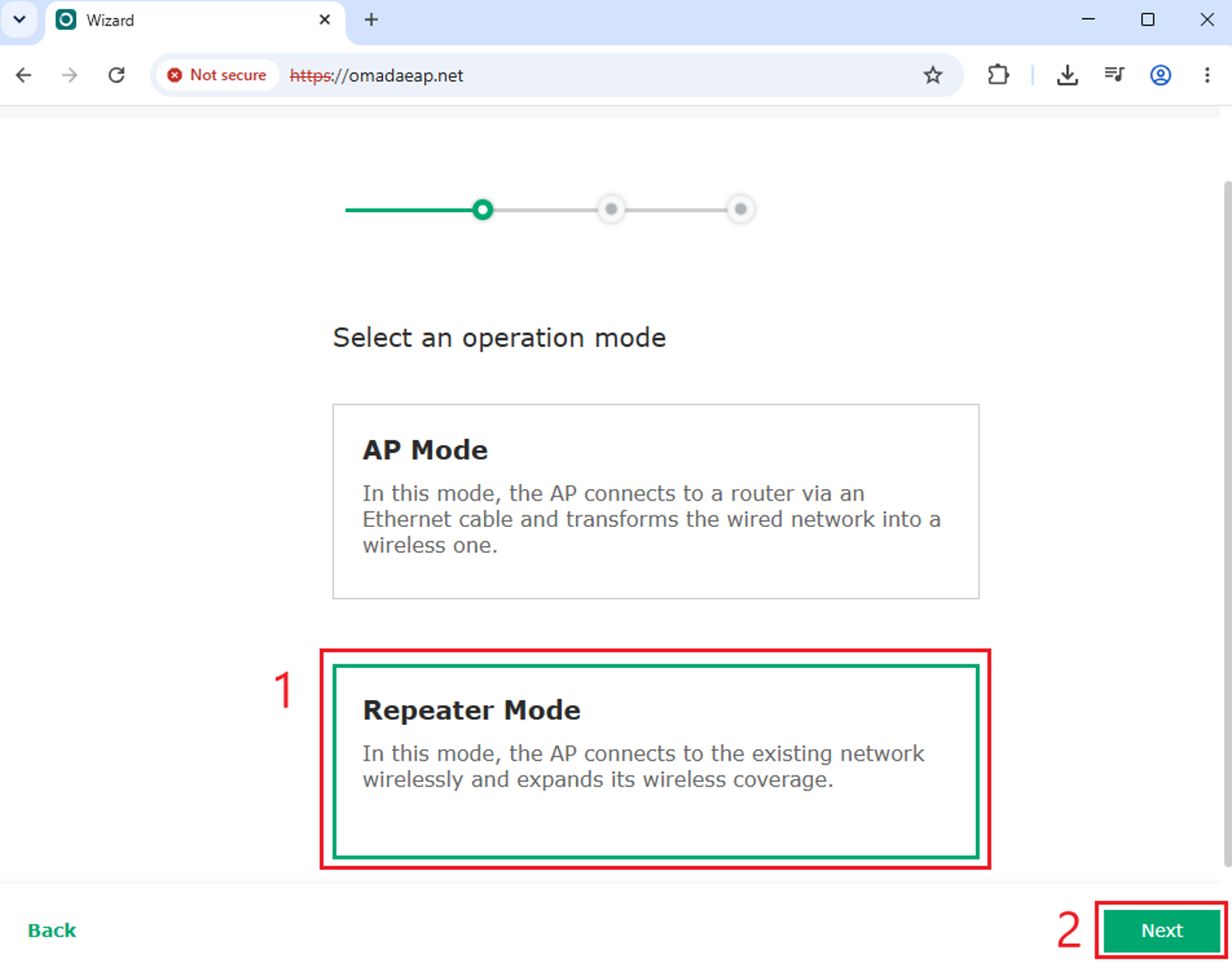 Omada EAP operation mode screen with Repeater Mode selected.