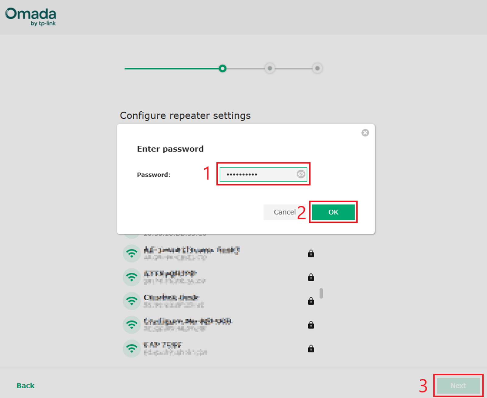 Repeater settings screen with the Password field, OK button, and Next button.