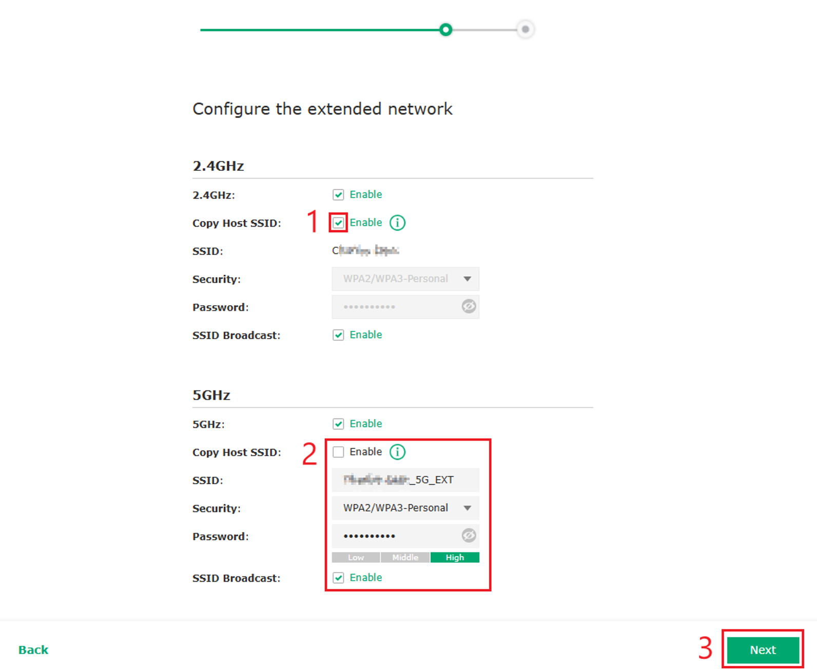 Extended network screen with Copy Host SSID enabled and Next selected.