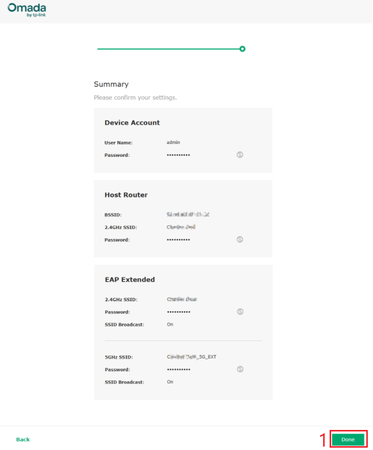 Repeater setup summary showing the device, host router, and extended SSIDs.
