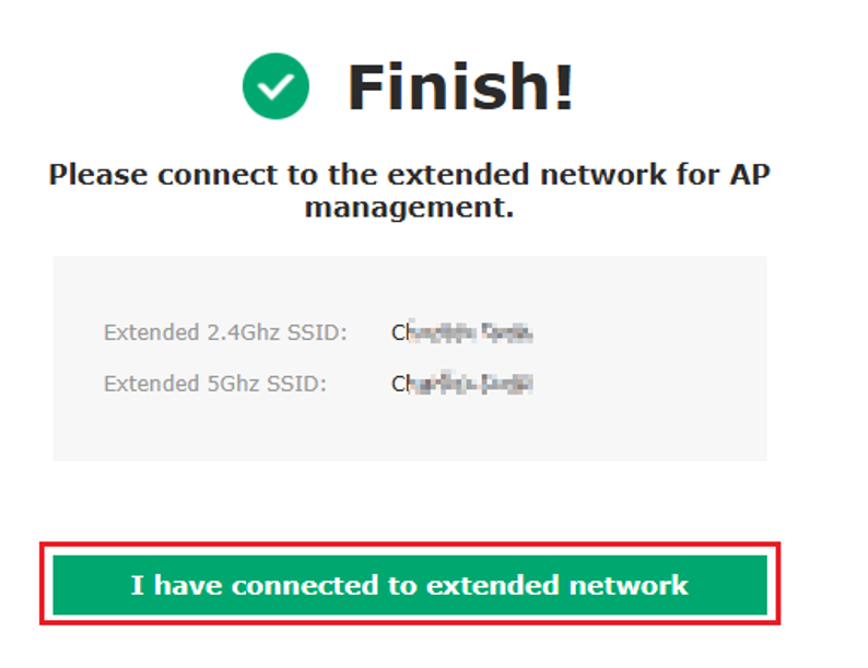 Repeater setup completion screen showing the extended 2.4GHz and 5GHz SSIDs.
