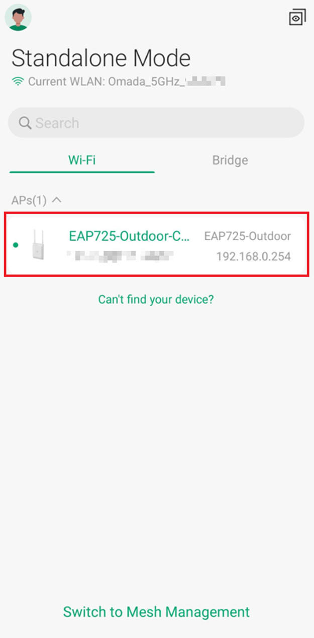 Omada App standalone mode screen showing an EAP725-Outdoor device.