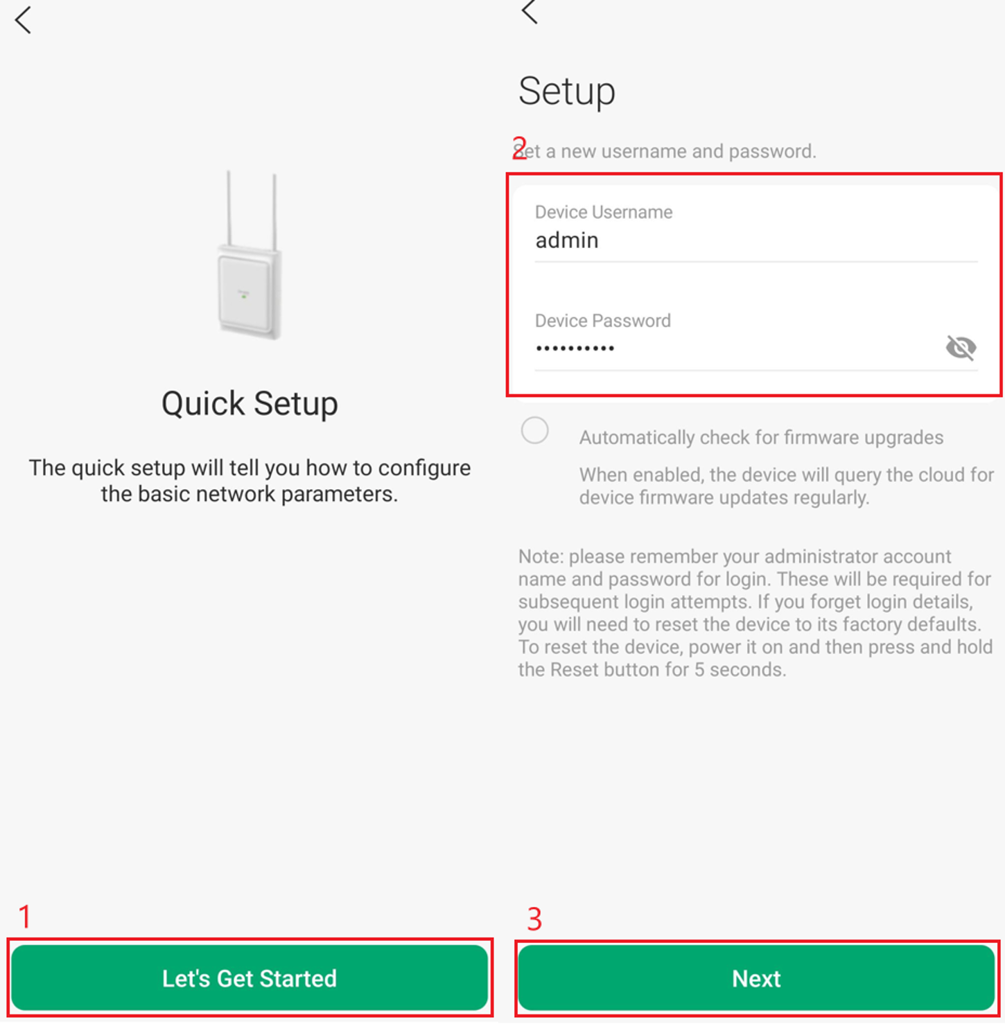 Omada App setup screen with device Username, Password, and Next fields.