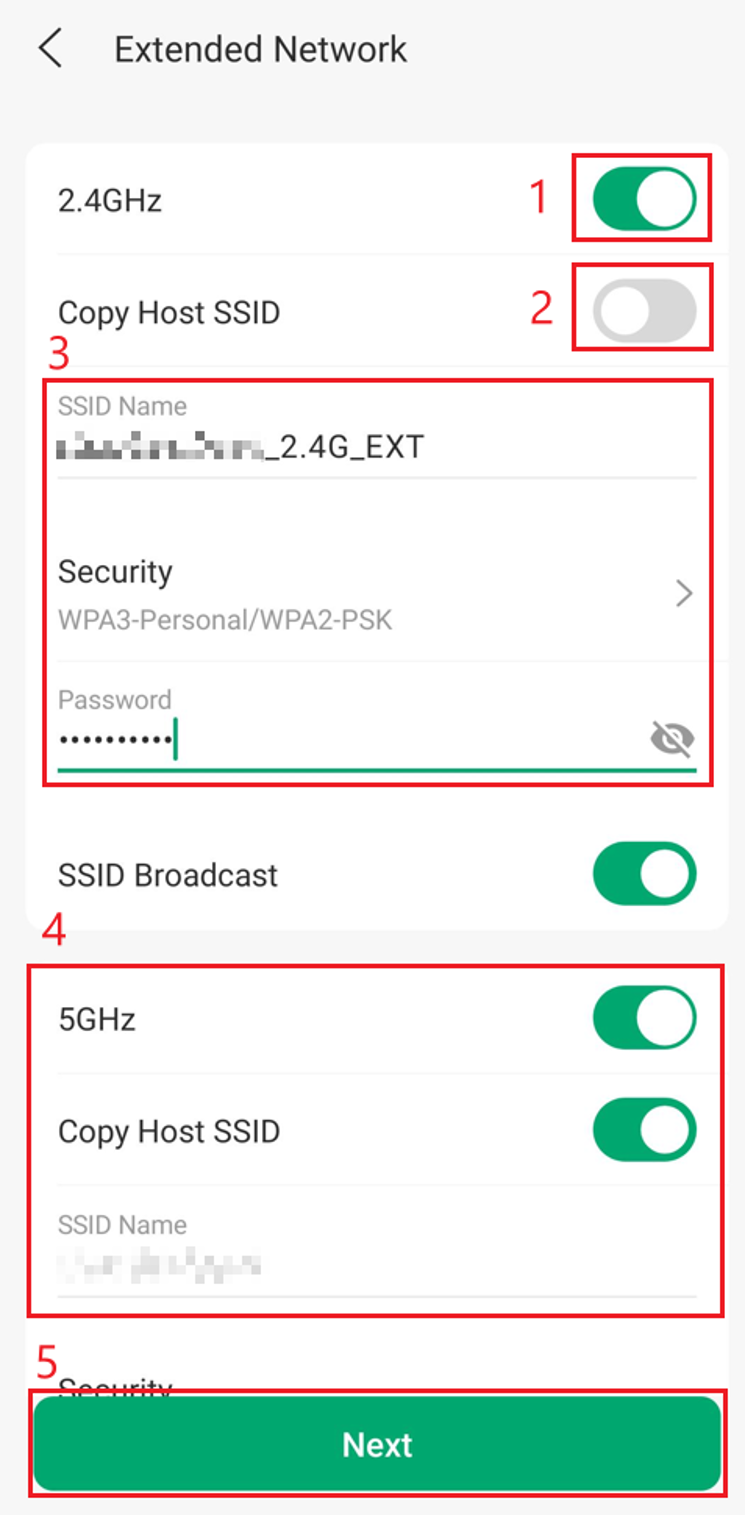 Omada App extended network screen showing custom and copied host SSID settings.