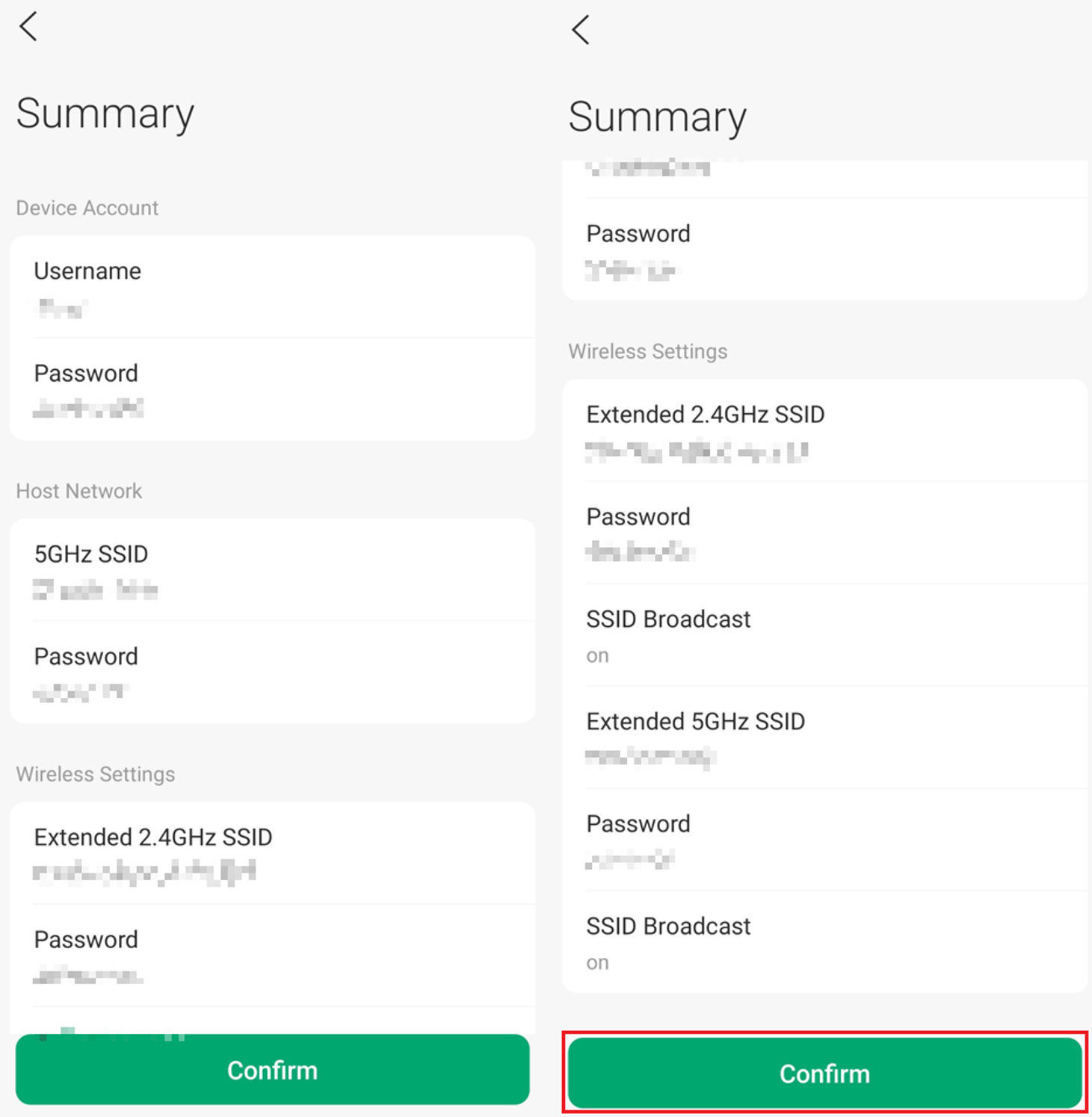 Omada App summary screen showing device, host network, and extended SSID settings.
