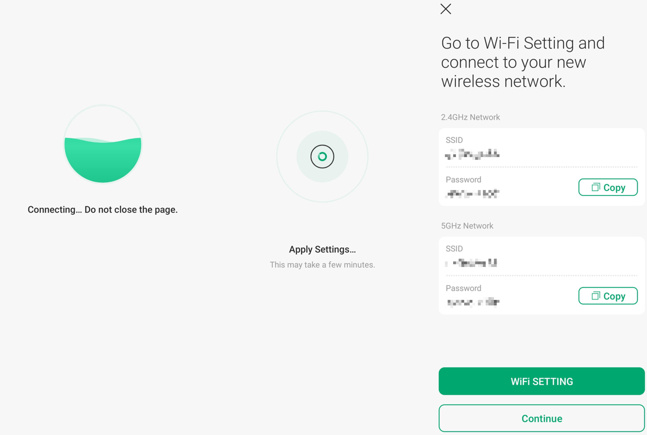 Omada App applying repeater settings and displaying the new Wi-Fi networks.
