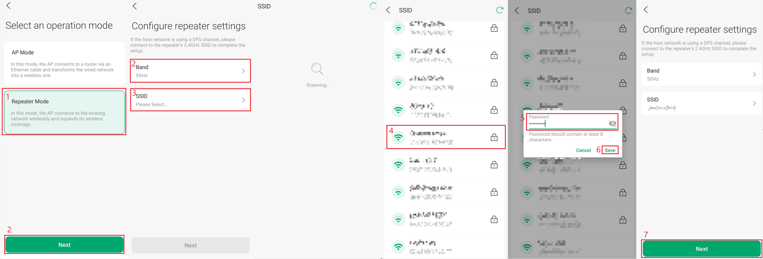 Omada App repeater settings showing band, SSID, and password selection.