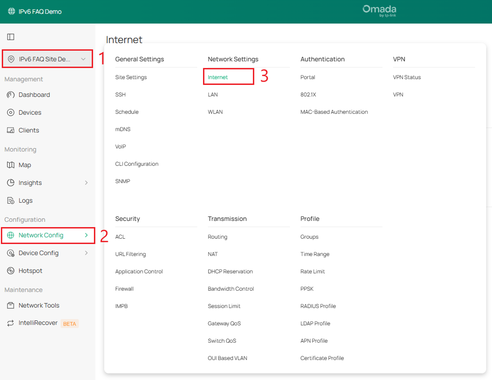 Omada Controller Network Config menu with Internet selected