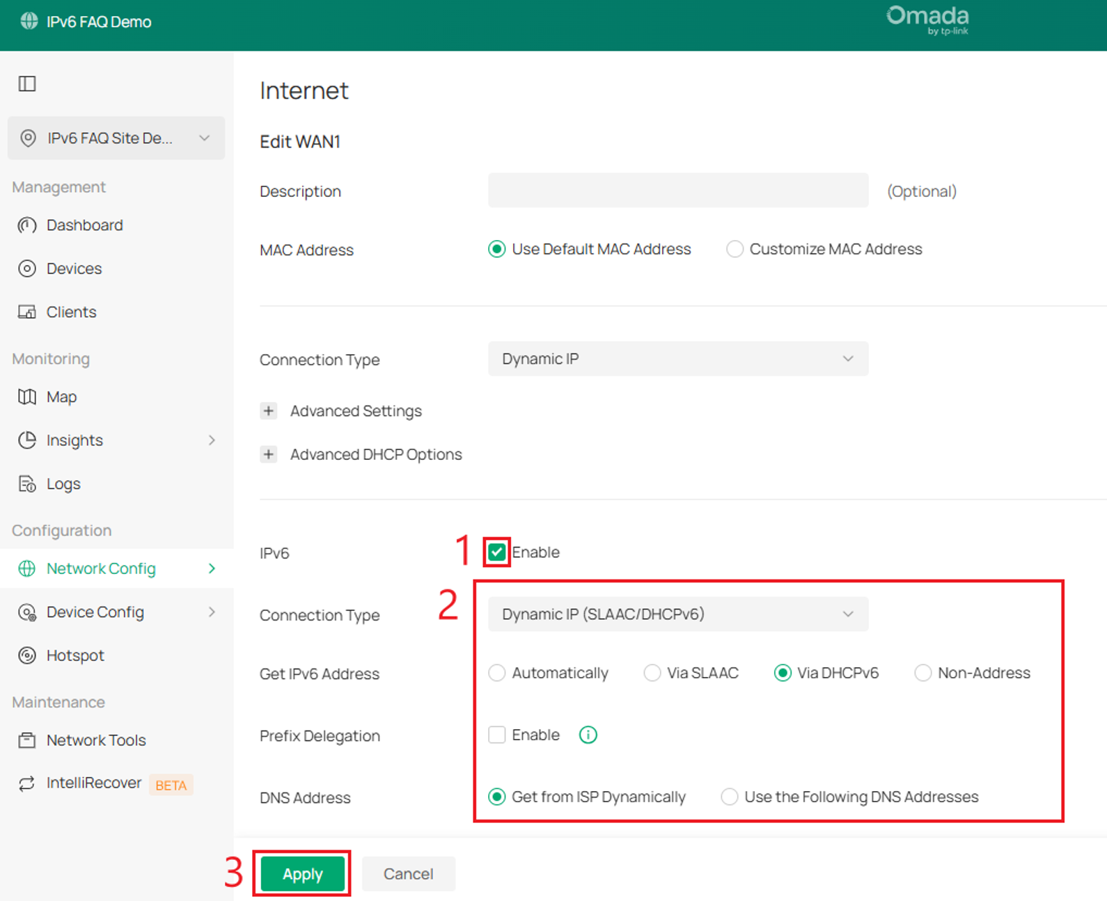 Omada Controller WAN settings with IPv6 enabled and Dynamic IP selected