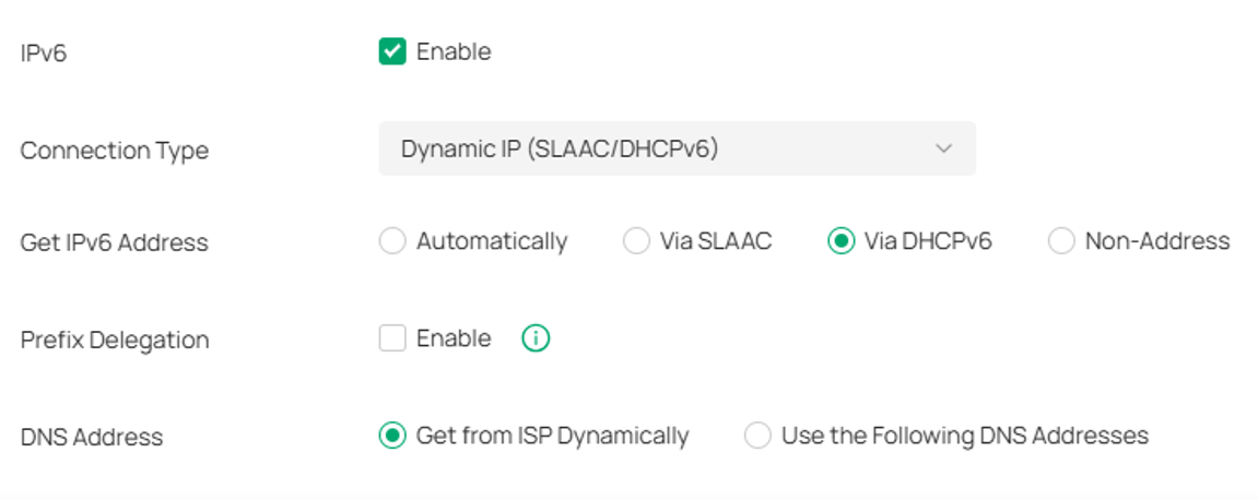 Omada Controller Dynamic IP IPv6 settings with DHCPv6 and dynamic DNS selected