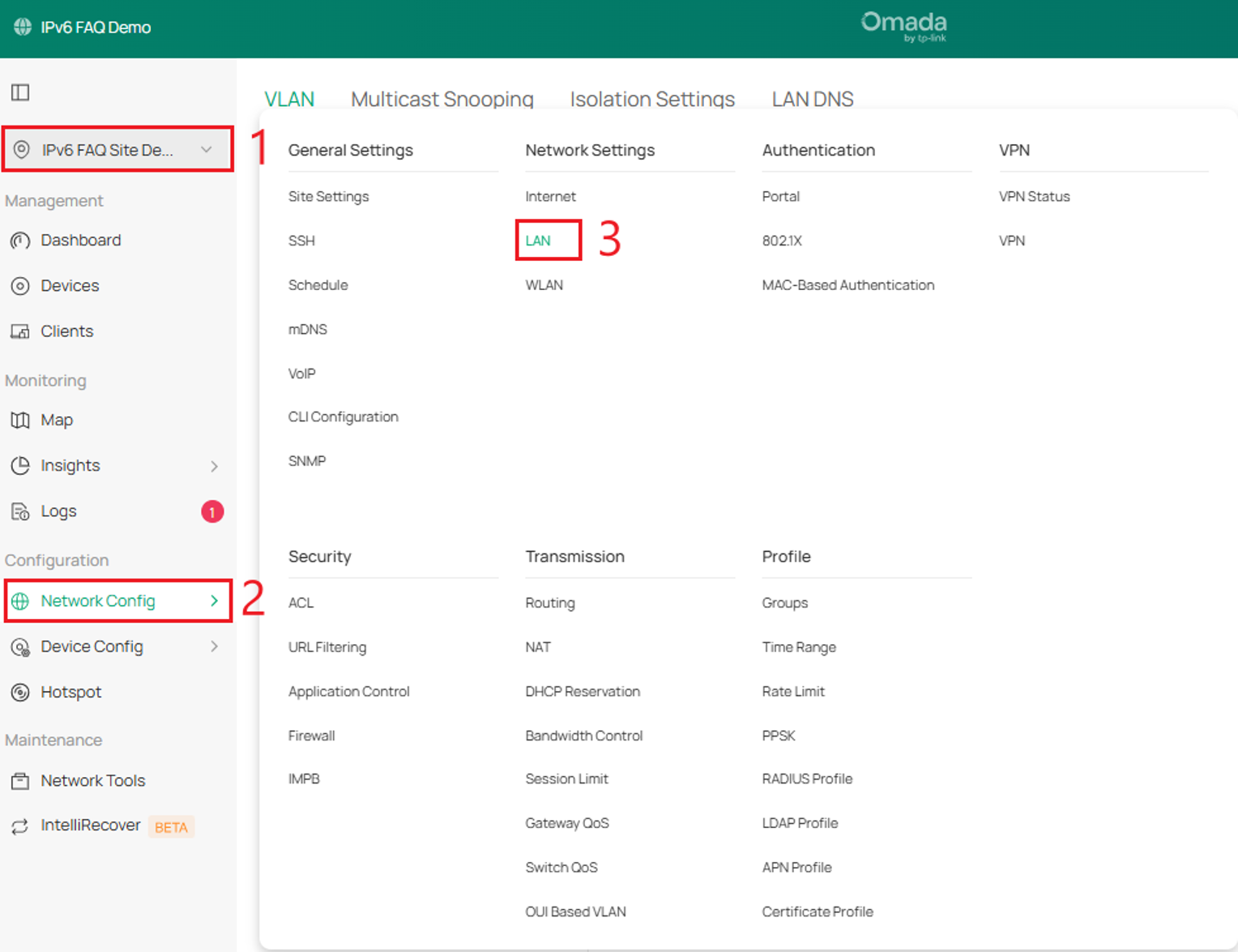 Omada Controller Network Config menu with LAN selected