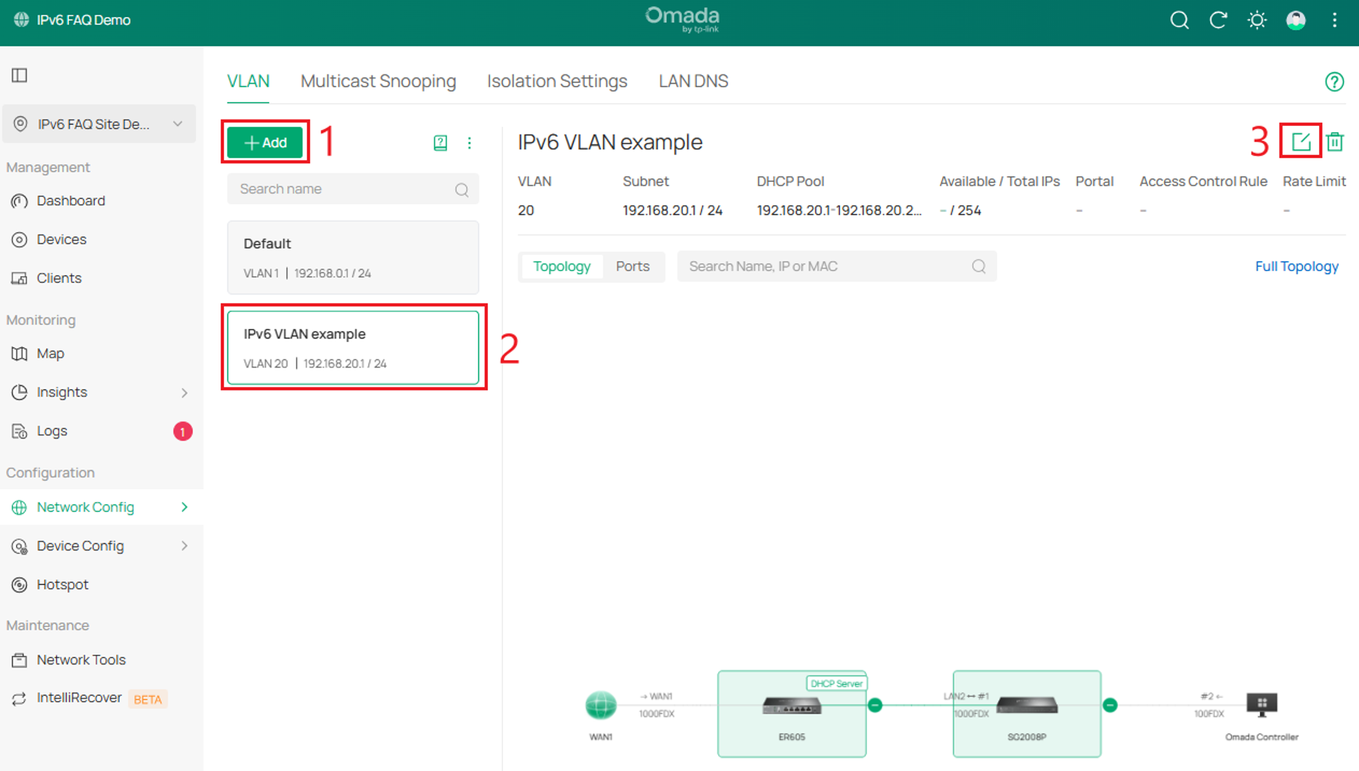Omada Controller LAN page showing the Add and Edit VLAN controls