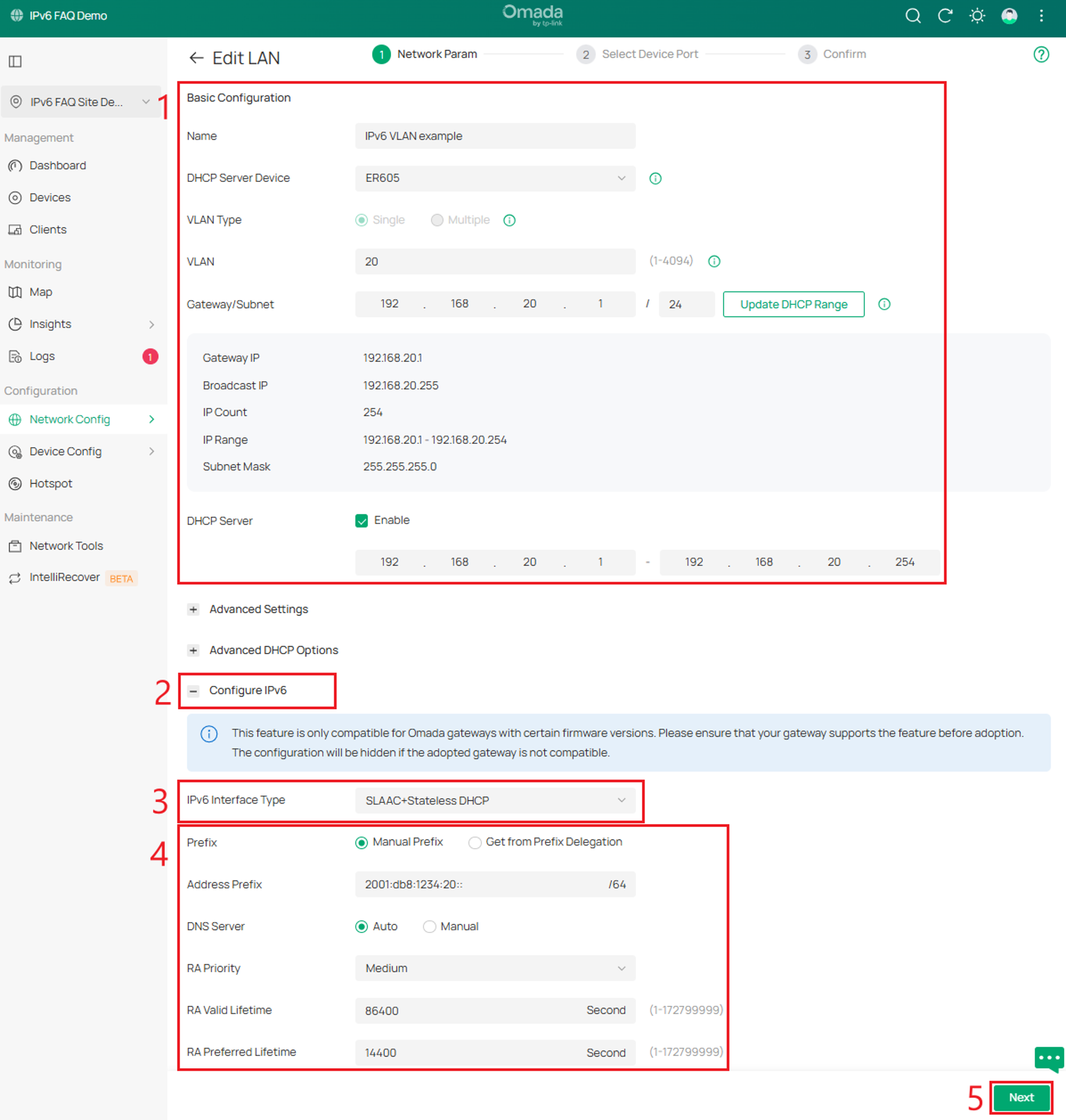 Omada Controller LAN settings showing IPv4 VLAN 20 and SLAAC+Stateless DHCP configuration