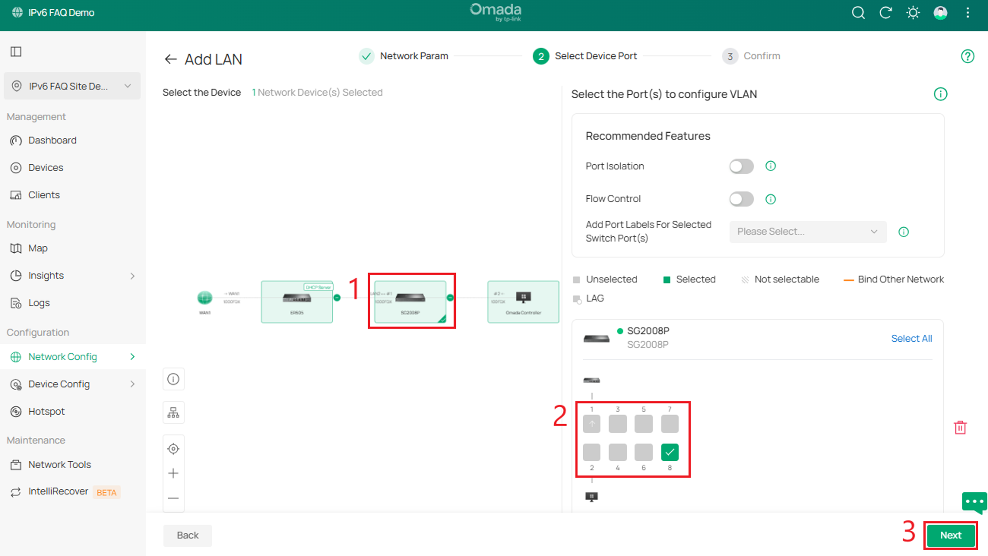 Omada Controller port selection page showing VLAN assignment to switch ports