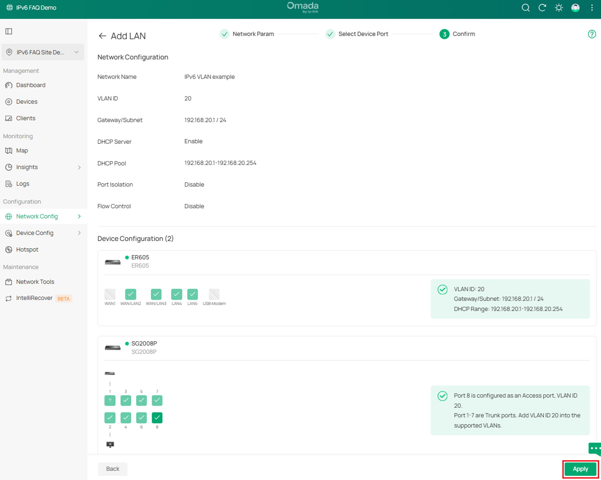Omada Controller LAN confirmation page showing VLAN and device port assignments