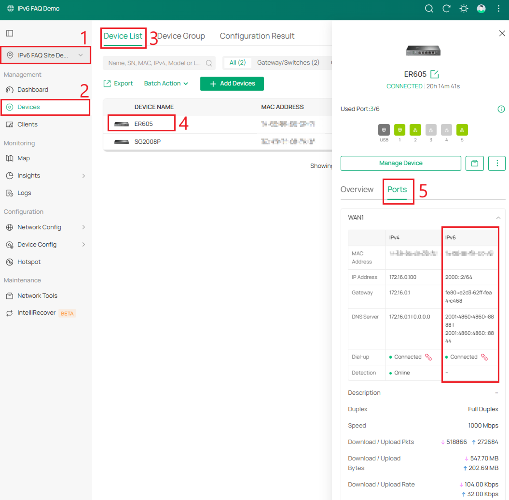 Omada Controller gateway Ports panel showing assigned WAN IPv6 addresses