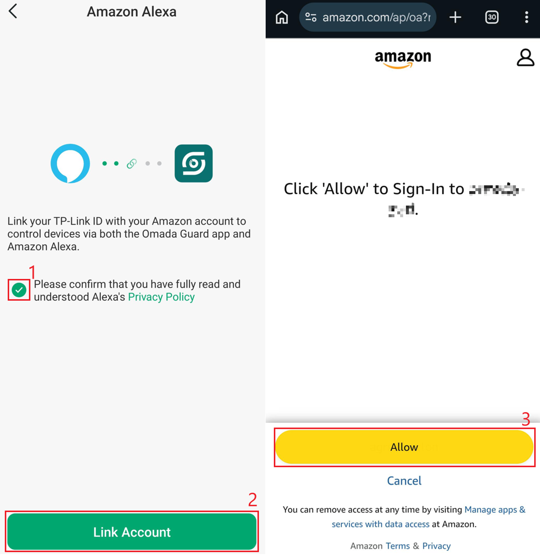 Amazon Alexa screens showing privacy confirmation and authorization to link Omada Guard