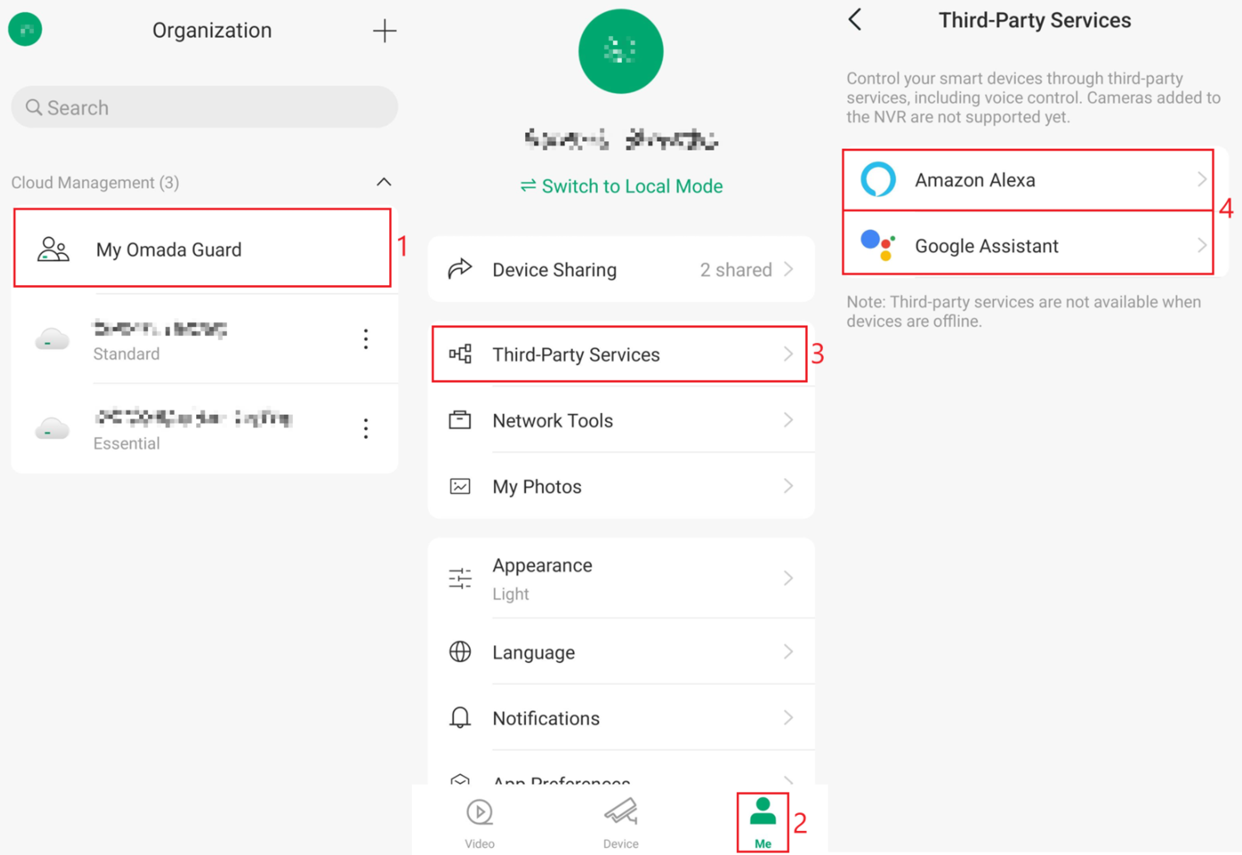 Omada Third-Party Services screen showing Amazon Alexa and Google Assistant integration options
