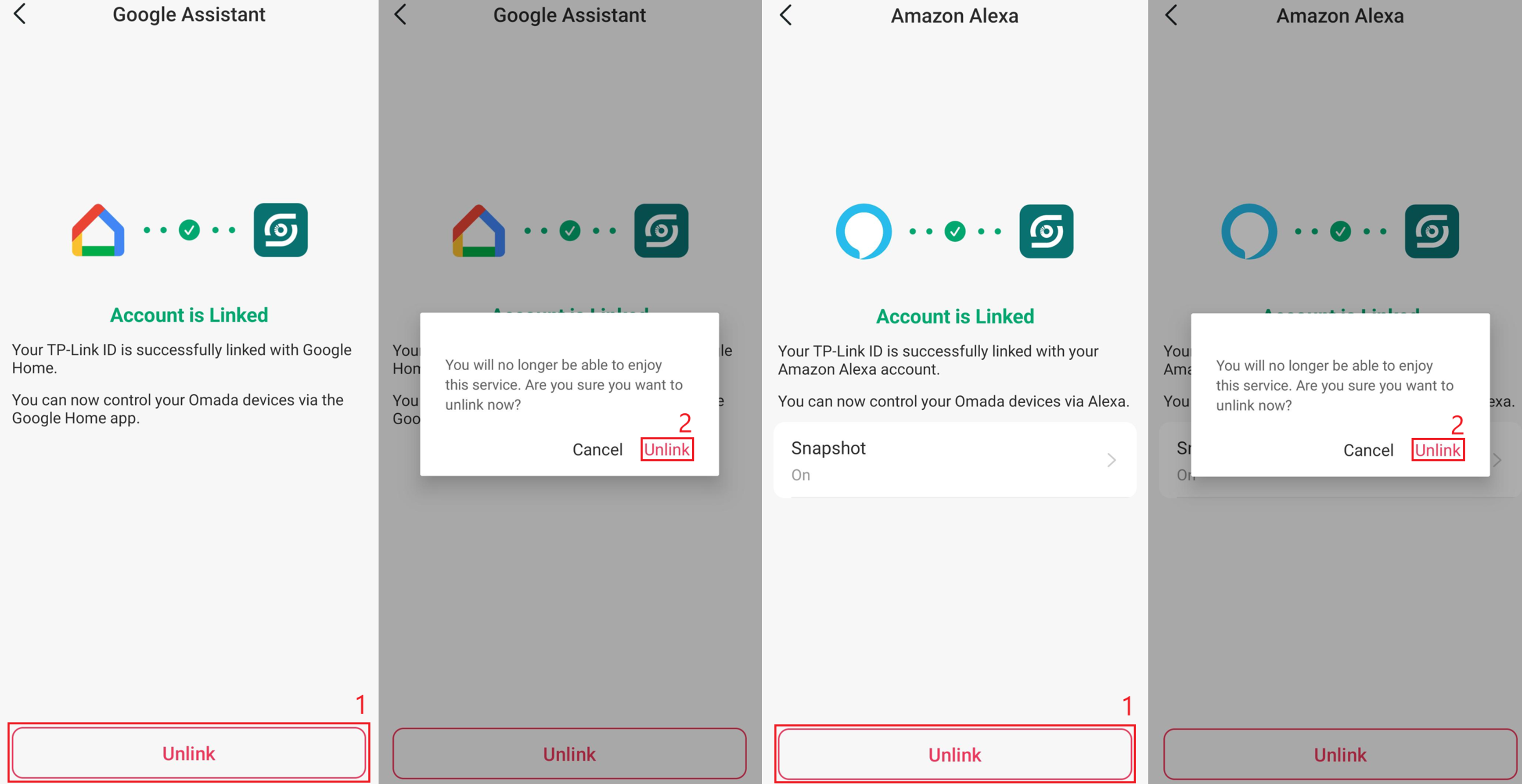 Google Assistant and Amazon Alexa account screens showing options to unlink Omada Guard