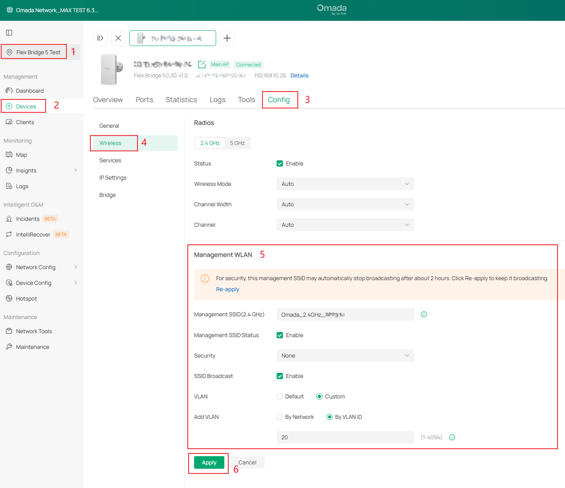 Flex Bridge 5 Management WLAN settings page showing Management SSID, status, security, broadcast, and VLAN options.