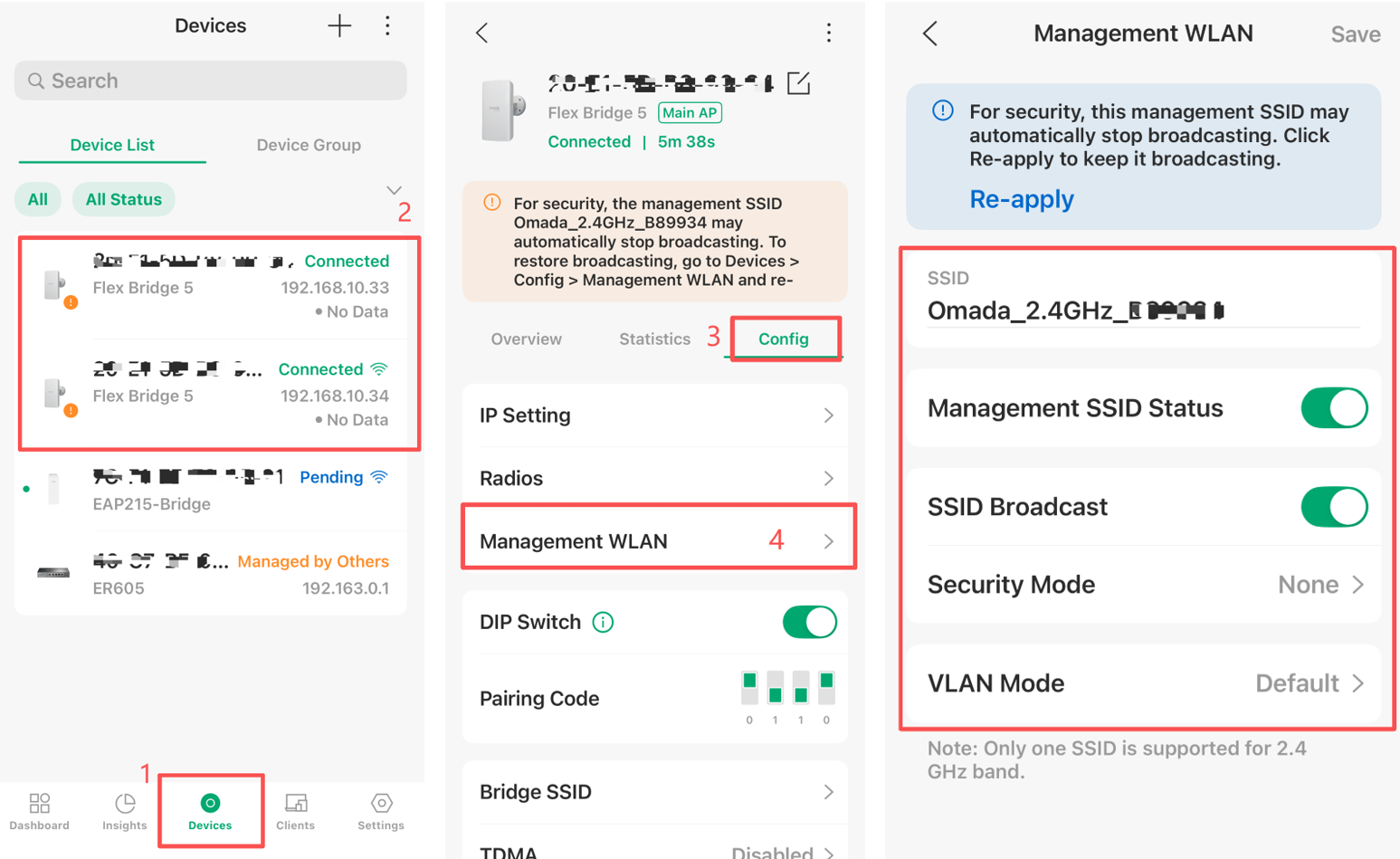 Omada App Management WLAN page for configuring Management SSID status, broadcast, security, and VLAN settings.
