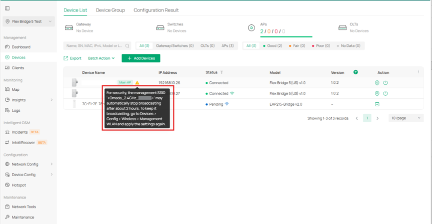 Device List showing a security reminder for a management SSID that may stop broadcasting after 2 hours.