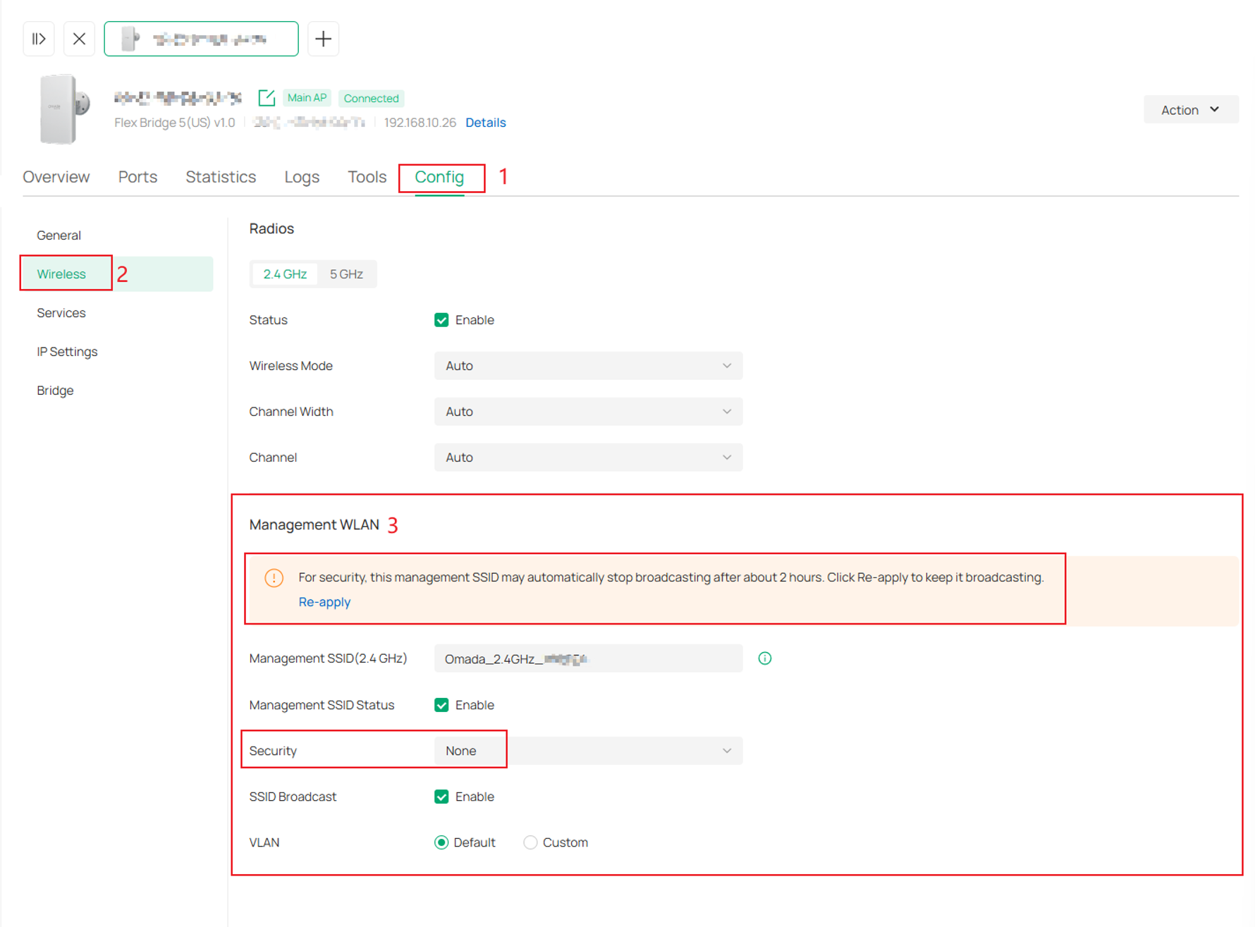 Management WLAN page showing this management SSID may automatically stop broadcasting after about 2 hours. Click Re-apply to keep it broadcasting.