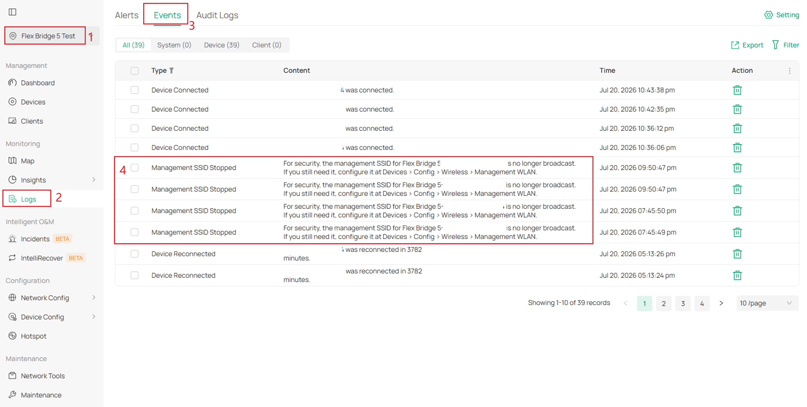 Event Log showing Management SSID stopped entries with the recovery path to Management WLAN settings.