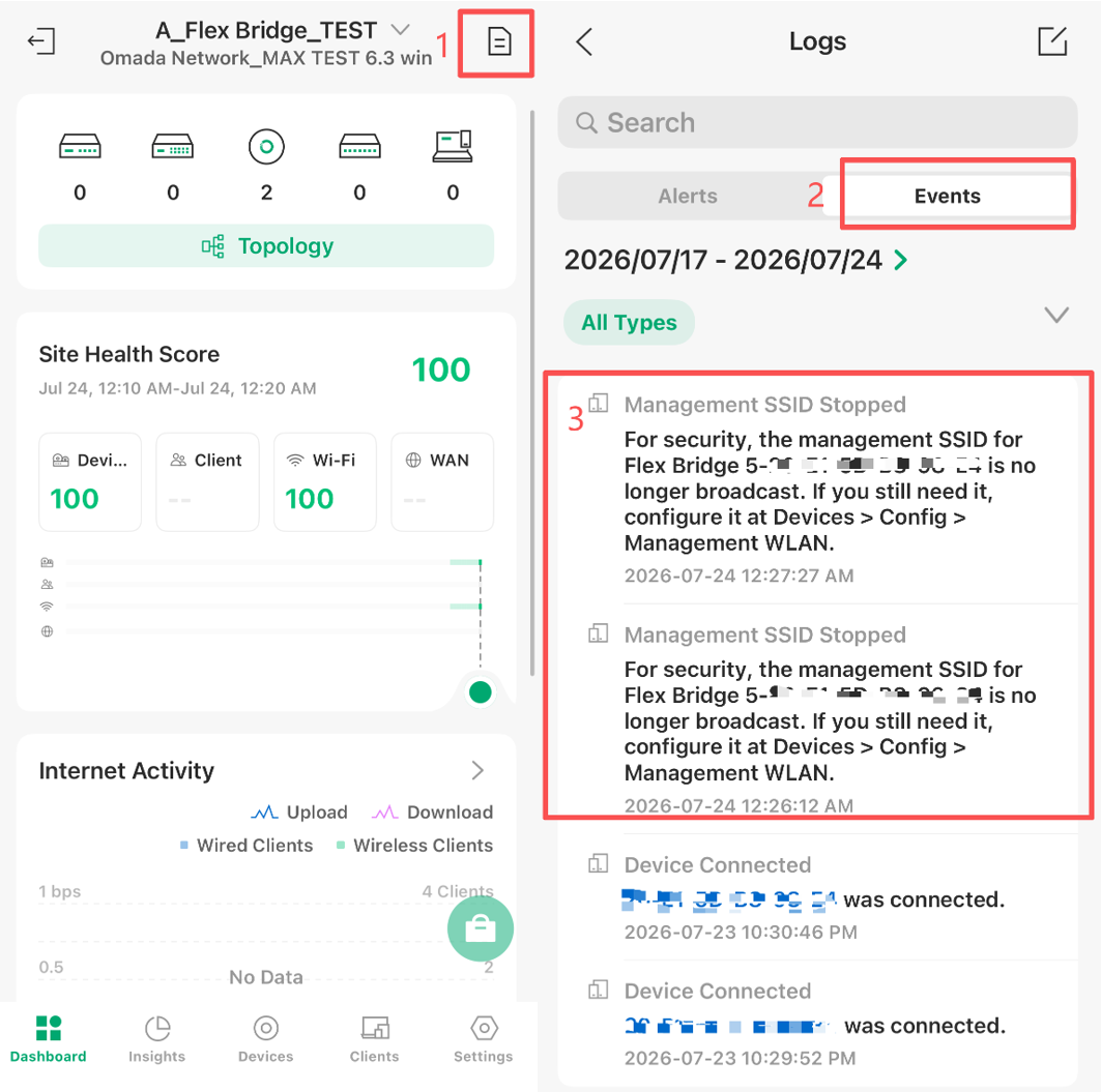 Omada App showing Management SSID stopped events in Logs.