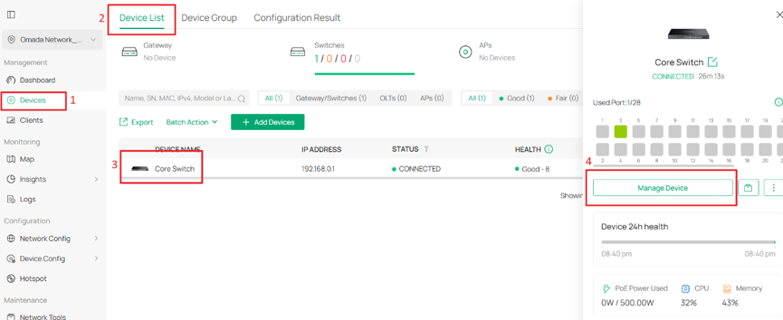 Go to the private configuration page of Core Switch.