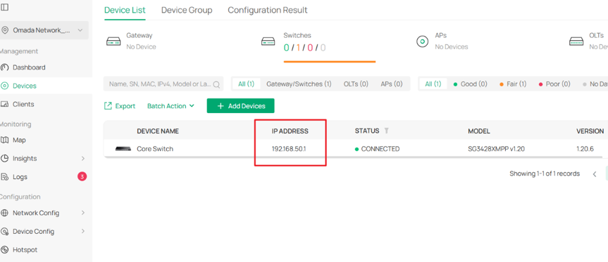After changing the port to which the hardware controller is connected, the Core Switch status changed to Connected.