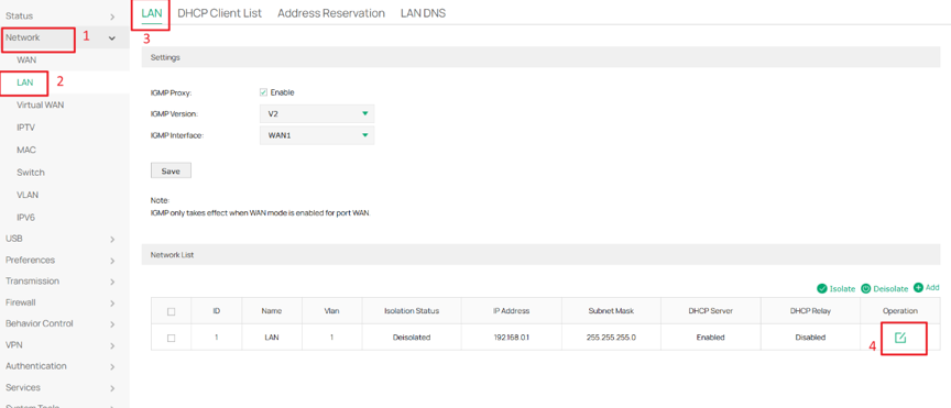 Edit the default LAN of the gateway.