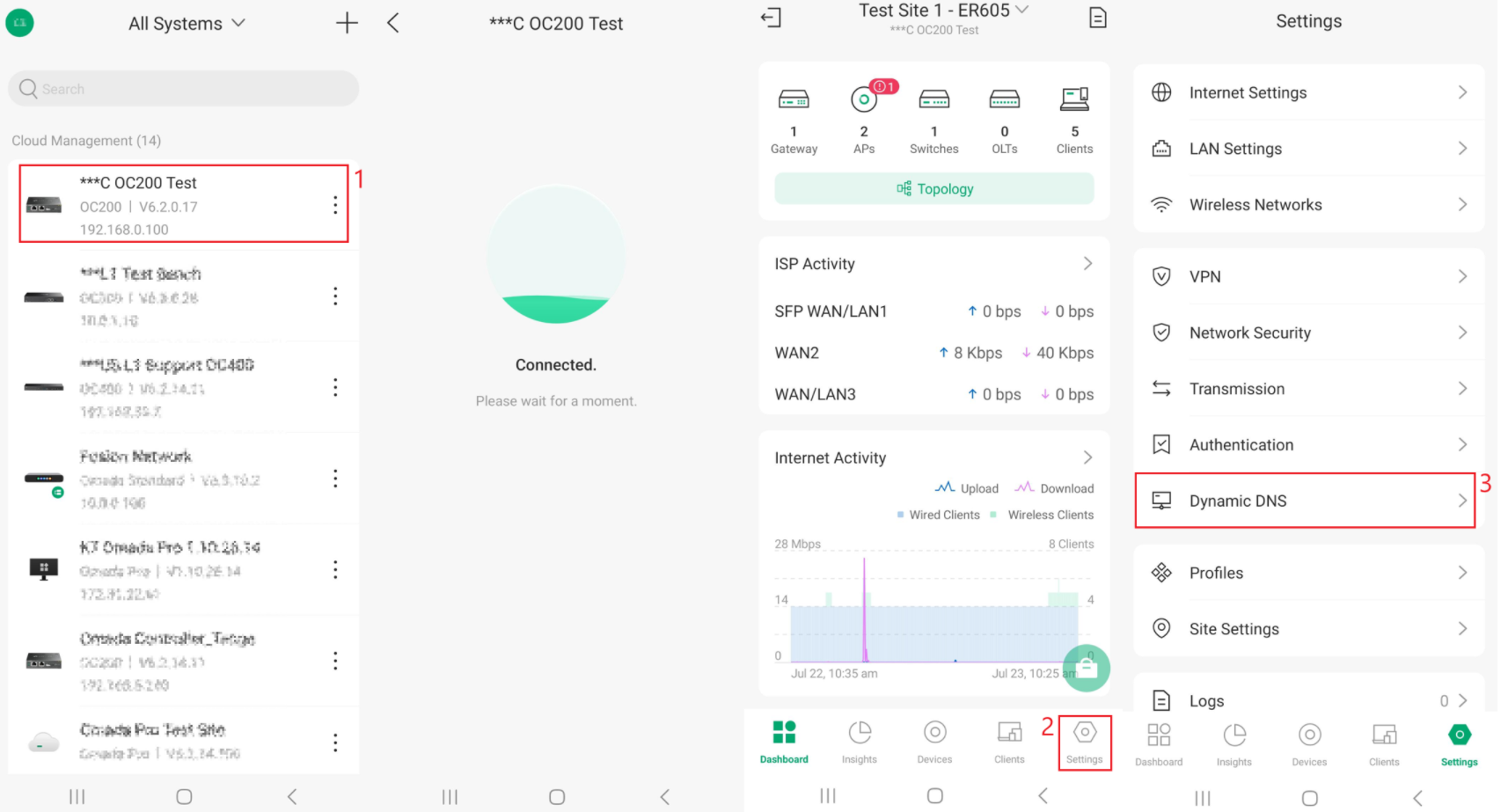Omada App Settings page showing the Dynamic DNS menu option.