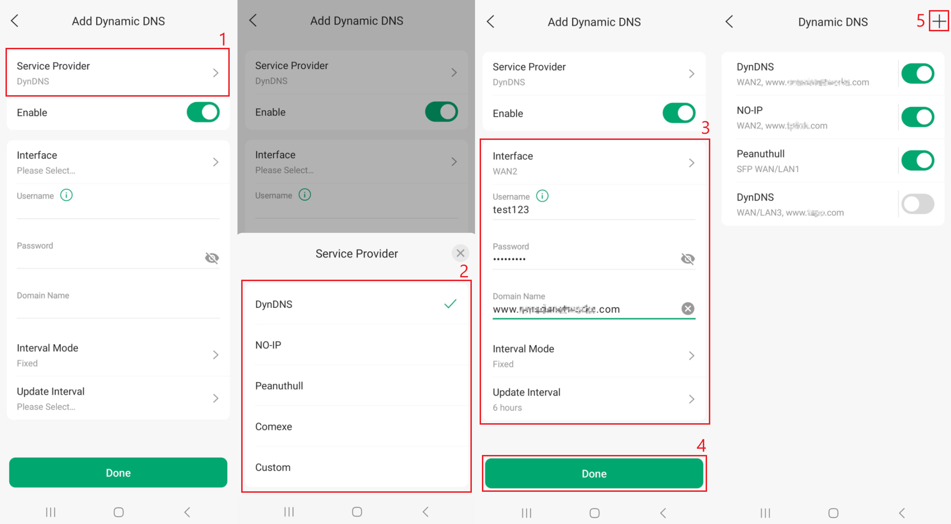 Omada App Dynamic DNS settings showing the provider, WAN interface, account details, domain, and update interval.